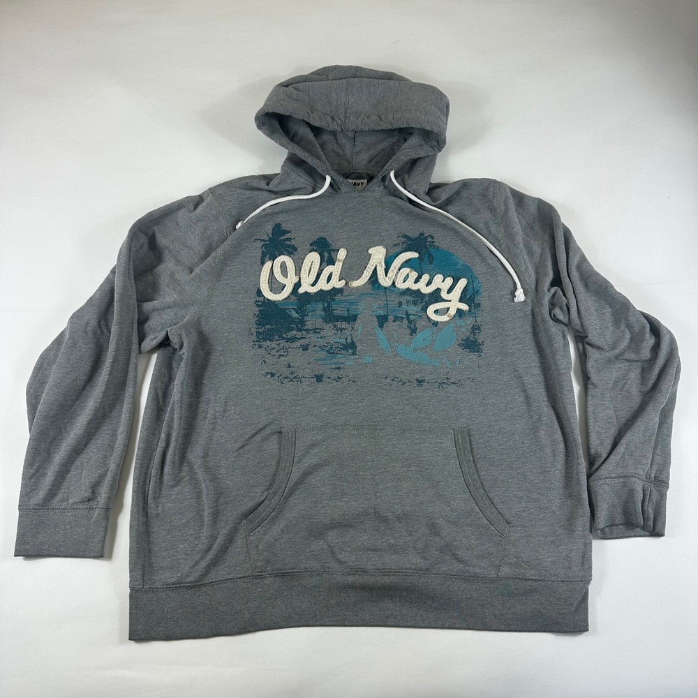 Old Navy Mens Gray Graphic Hoodie Palm Tree‎ Beach Scene Size XXL